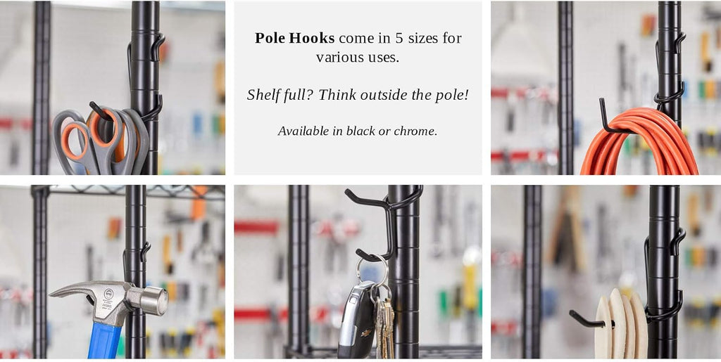 Shelf Pole Hooks, Snap-On Storage Hooks, Black Utility Hooks, 5pk