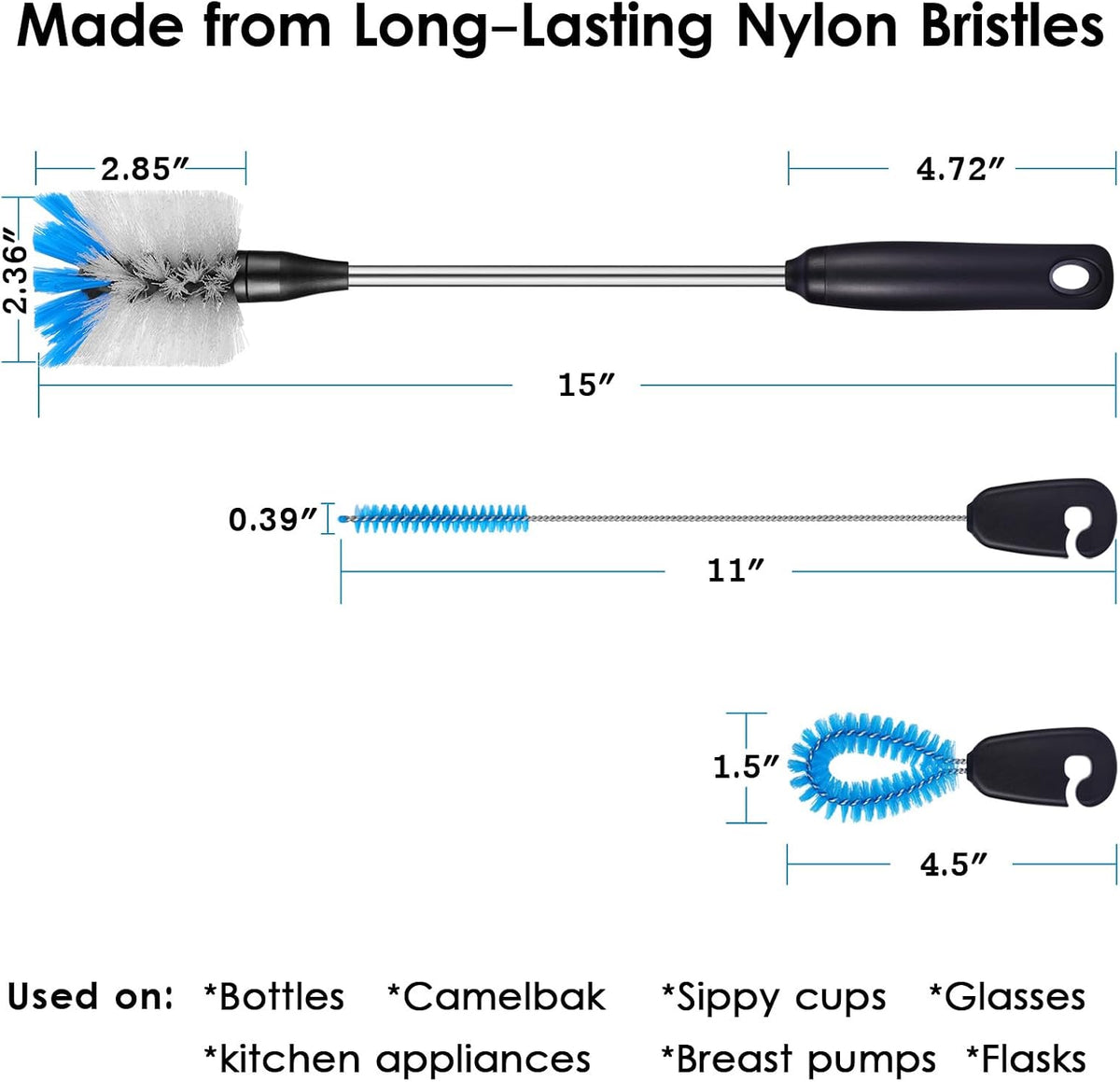 MOSOLAN 3-in-1 Water Bottle Brush and Straw Cleaning Set, Flat Head