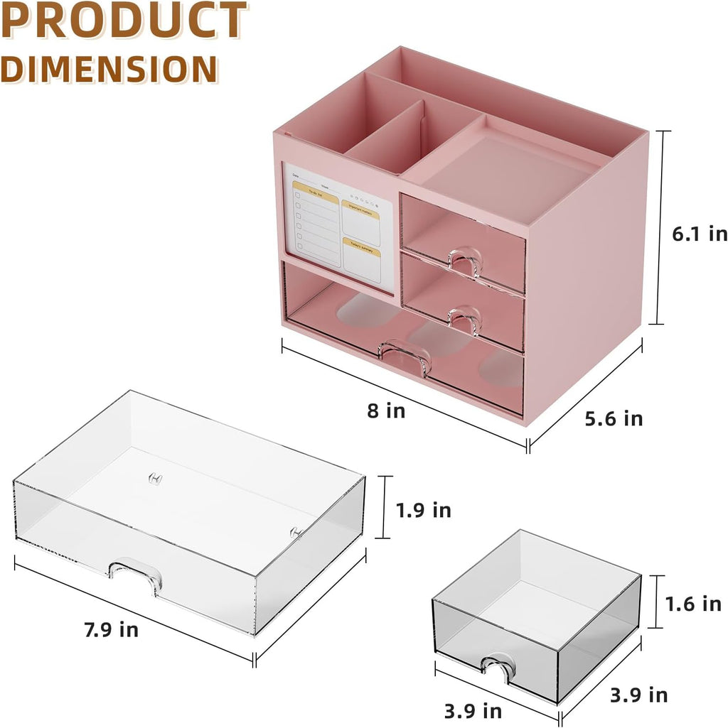 Marbrasse Desk Organizer with 3 Drawer, Multi-Functional Pencil Pen Holder for Desk, Desk Organizers and Accessories with 4 Compartments, Desktop Organizer Storage for Office Home Art Supplies (Pink)