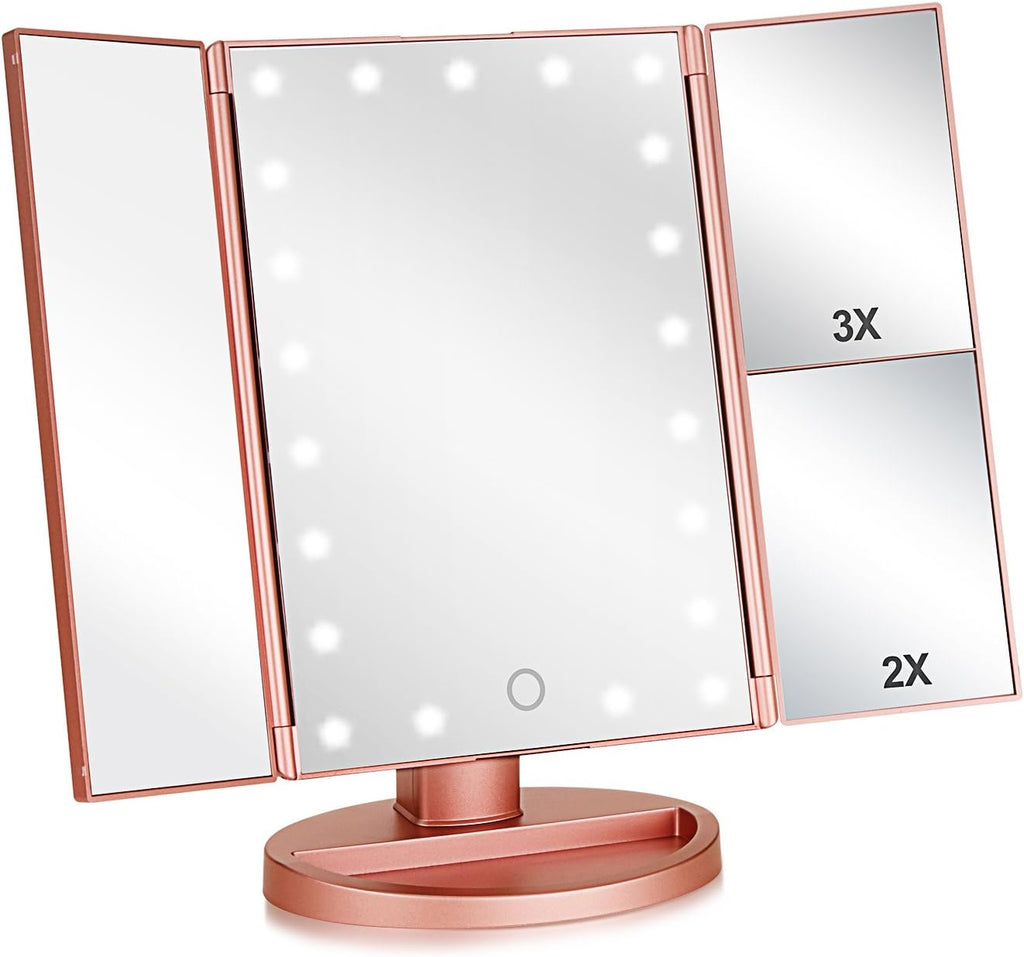 Flymiro Tri-fold Lighted Vanity Makeup Mirror with 3x/2x/1x Magnification, 21Leds Light and Touch Screen,180 Degree Free Rotation Countertop Cosmetic Mirror,Travel Makeup Mirror (Gold)