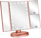 Flymiro Tri-fold Lighted Vanity Makeup Mirror with 3x/2x/1x Magnification, 21Leds Light and Touch Screen,180 Degree Free Rotation Countertop Cosmetic Mirror,Travel Makeup Mirror (Gold)