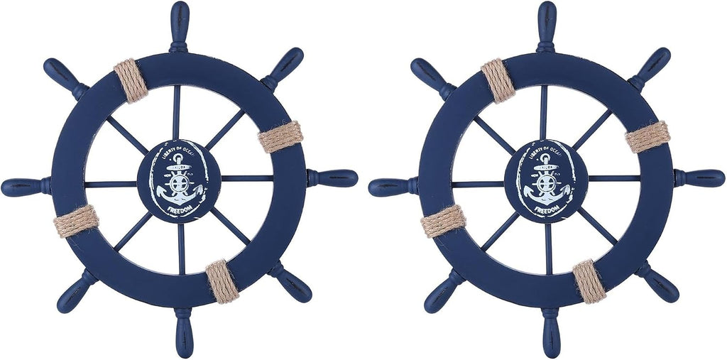 Rienar Nautical Beach Wooden Boat Ship Steering Wheel Fishing Net Shell Fish Coastal Ocean Home Wall Décor(11" Diameter)