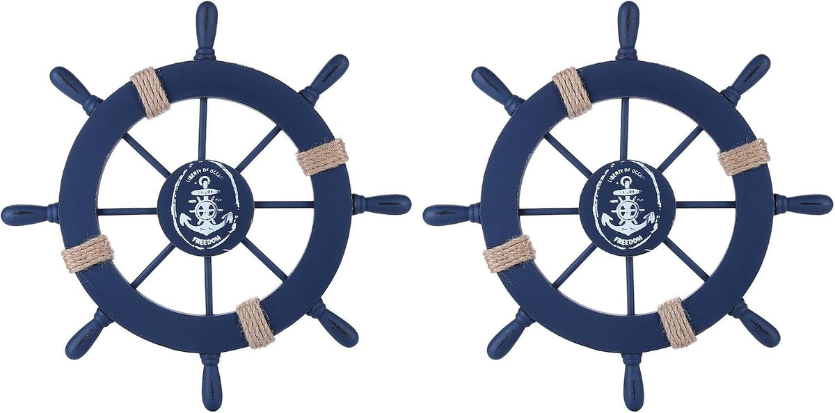 Rienar Nautical Beach Wooden Boat Ship Steering Wheel Fishing Net Shell Fish Coastal Ocean Home Wall Décor(11" Diameter)