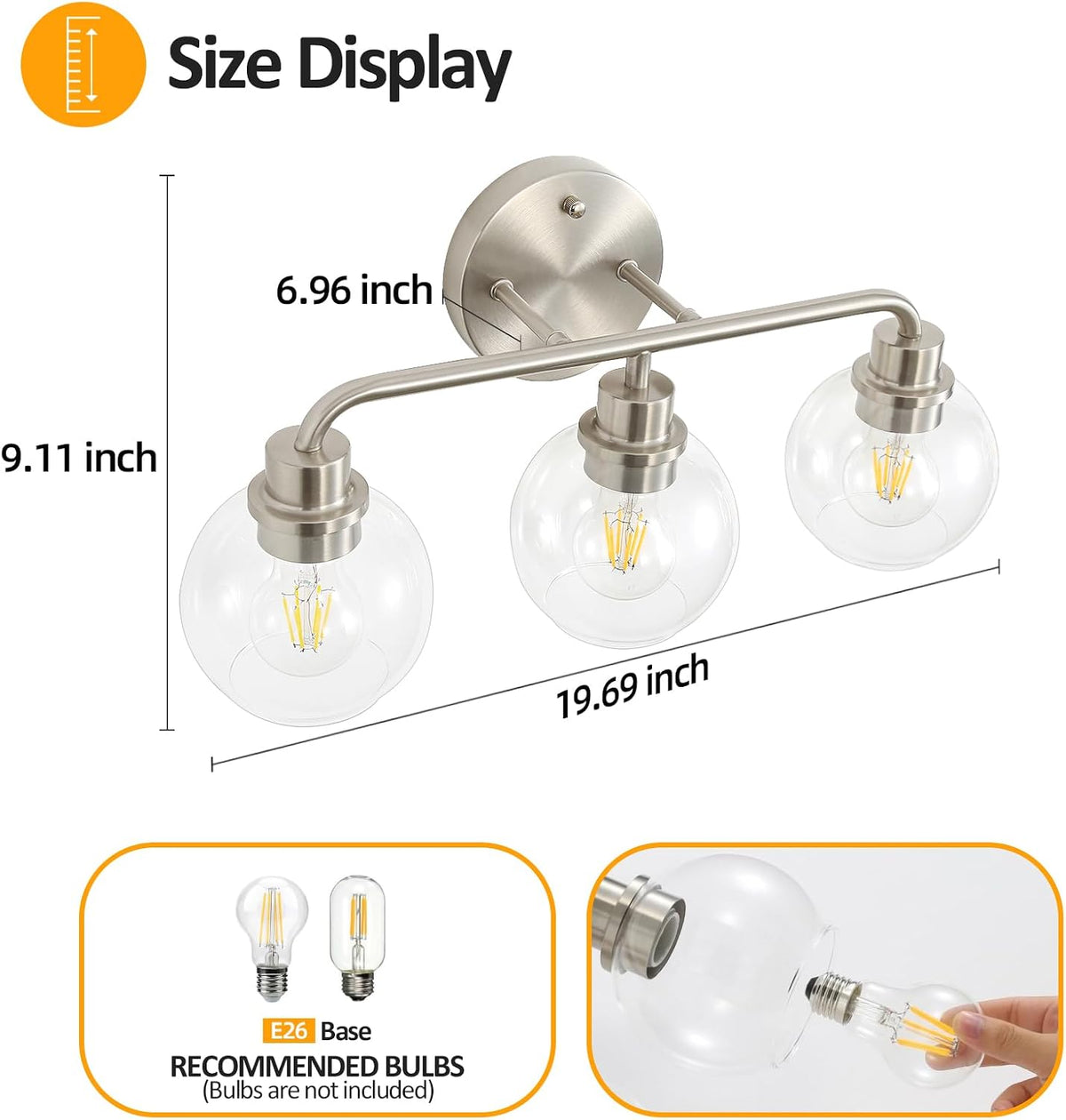 3 Light Bathroom Vanity Light Fixtures, Brushed Nickel Vanity Lights