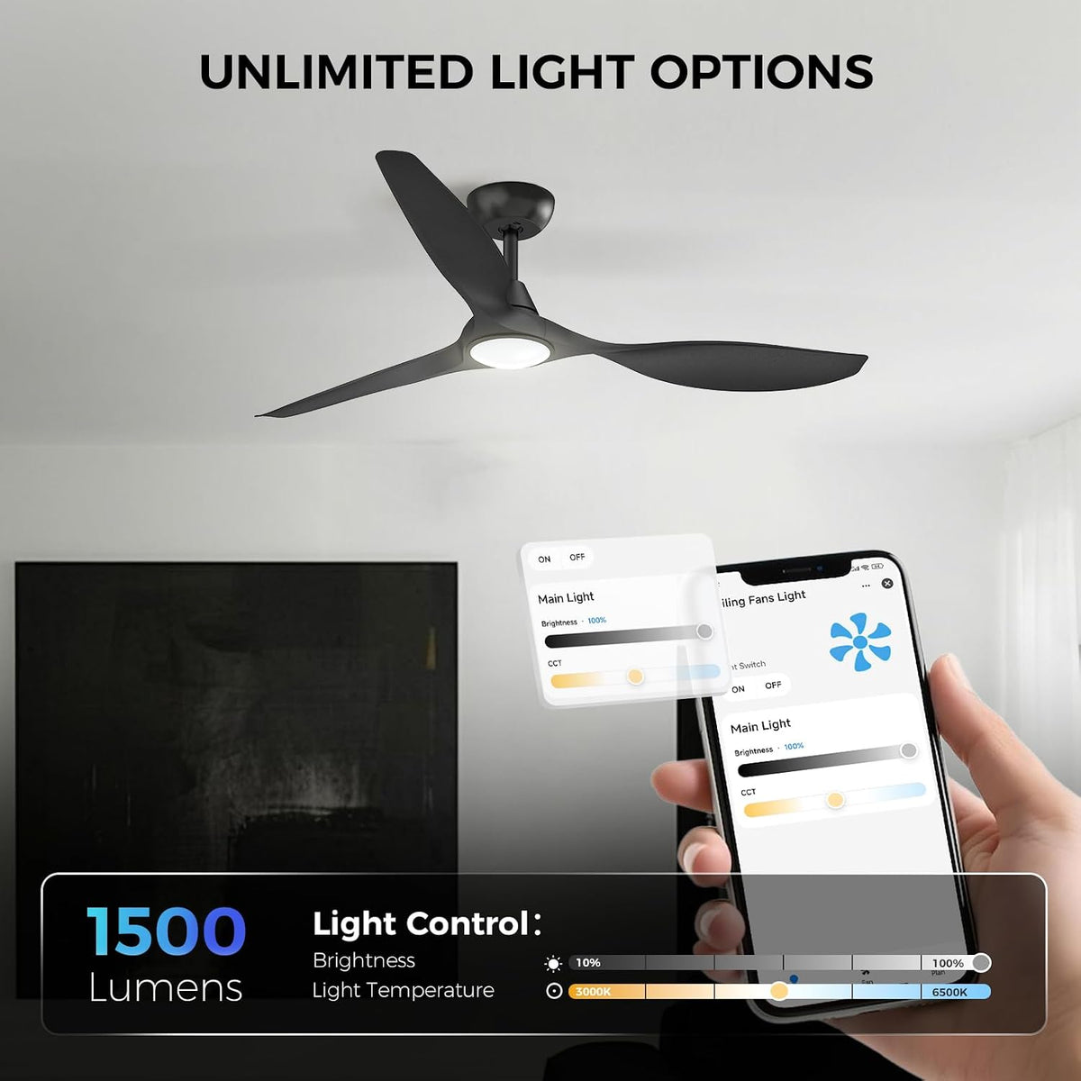 Roomratv 52'' Smart Ceiling Fan with Light, Wide Blade Design, Remote