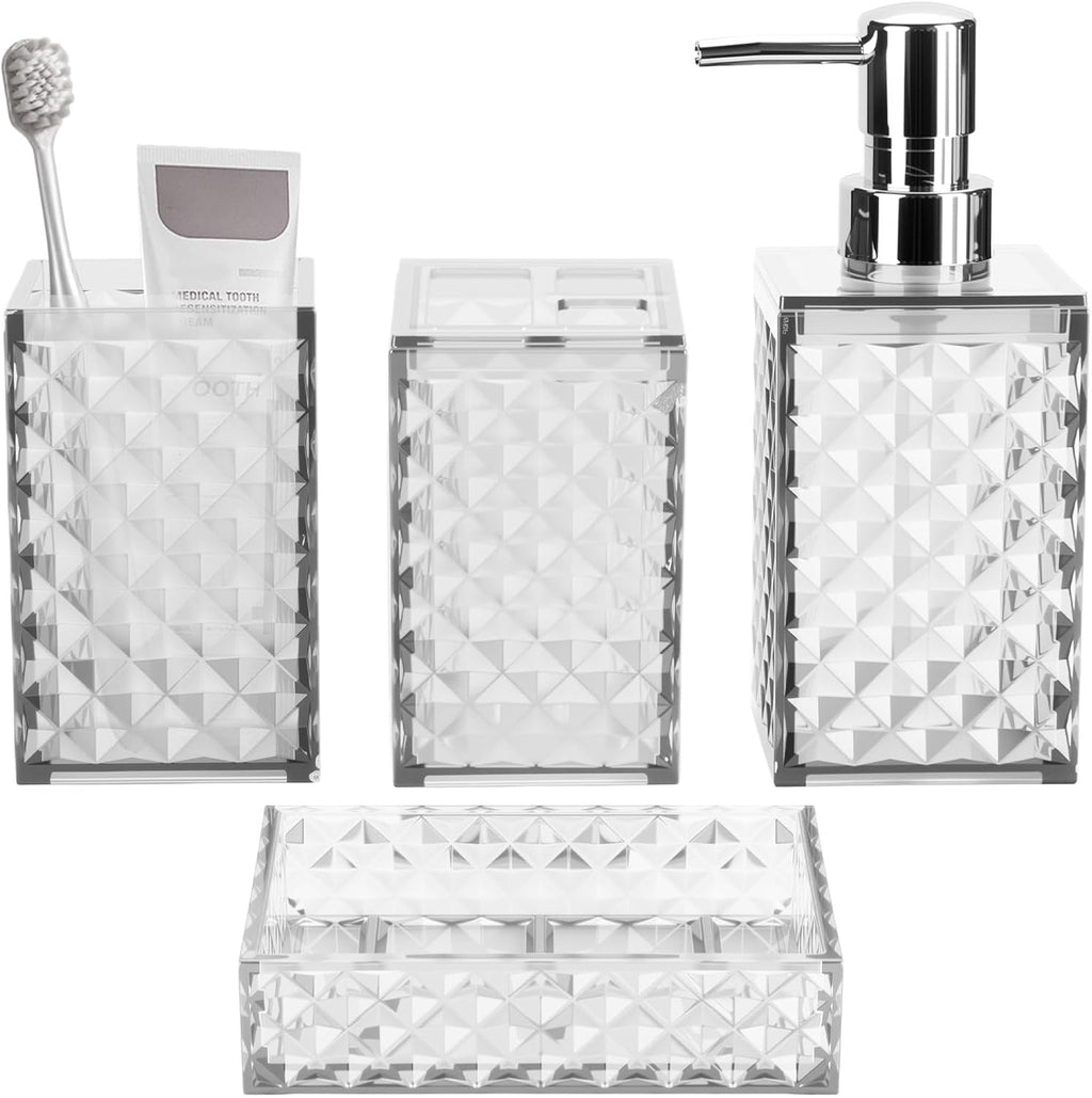 Bathroom Accessory Set, Grid Pattern 4 Pcs Plastic Bathroom Set, Teal Blue