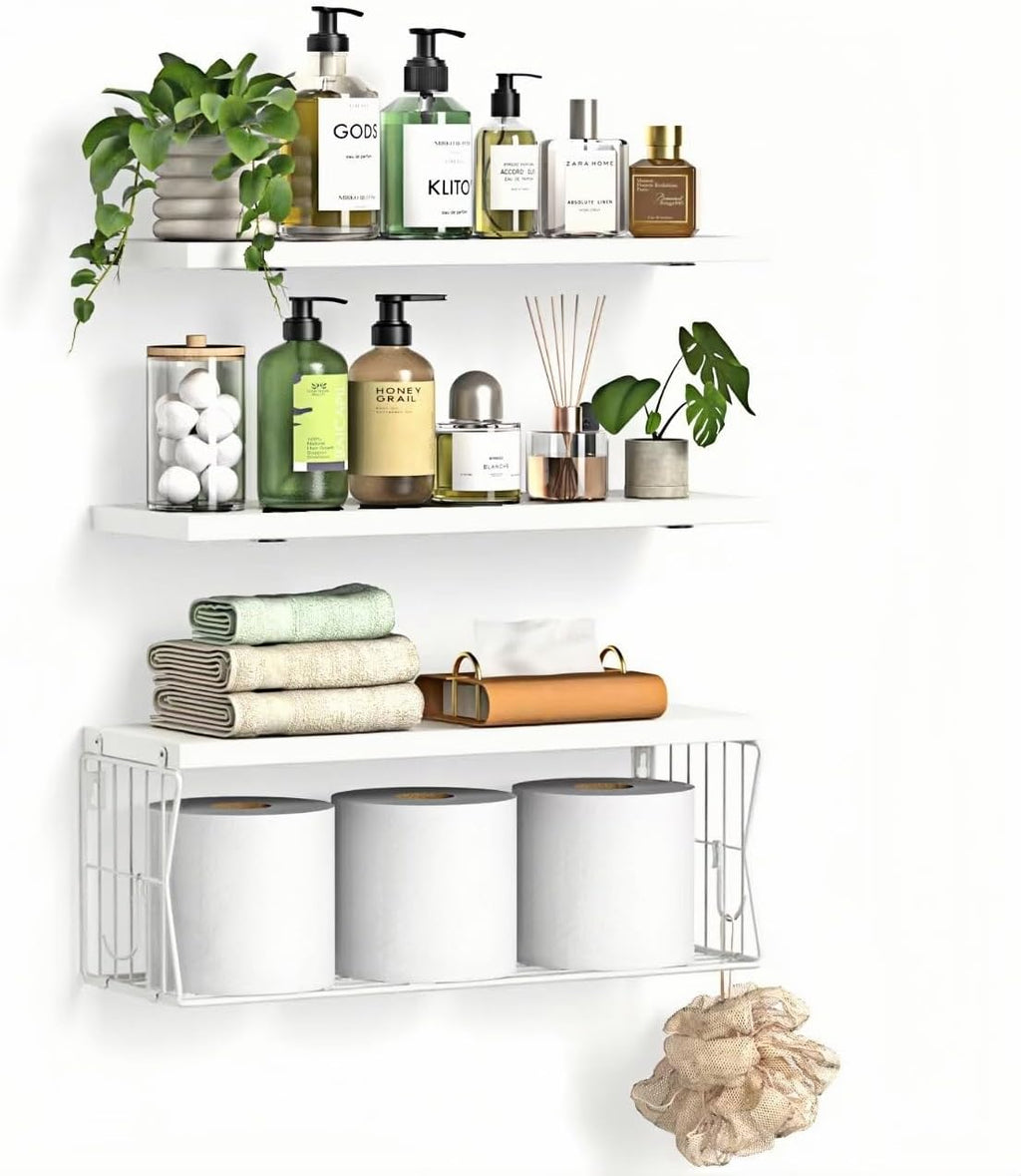 Floating Bathroom Shelves Wall Mounted - Wooden Shelf Set of 3 for Over Toilet Storage & Modern Bathroom Decor - Perfect Shelving Organizer for Apartments RVs Powder Room Restroom - White