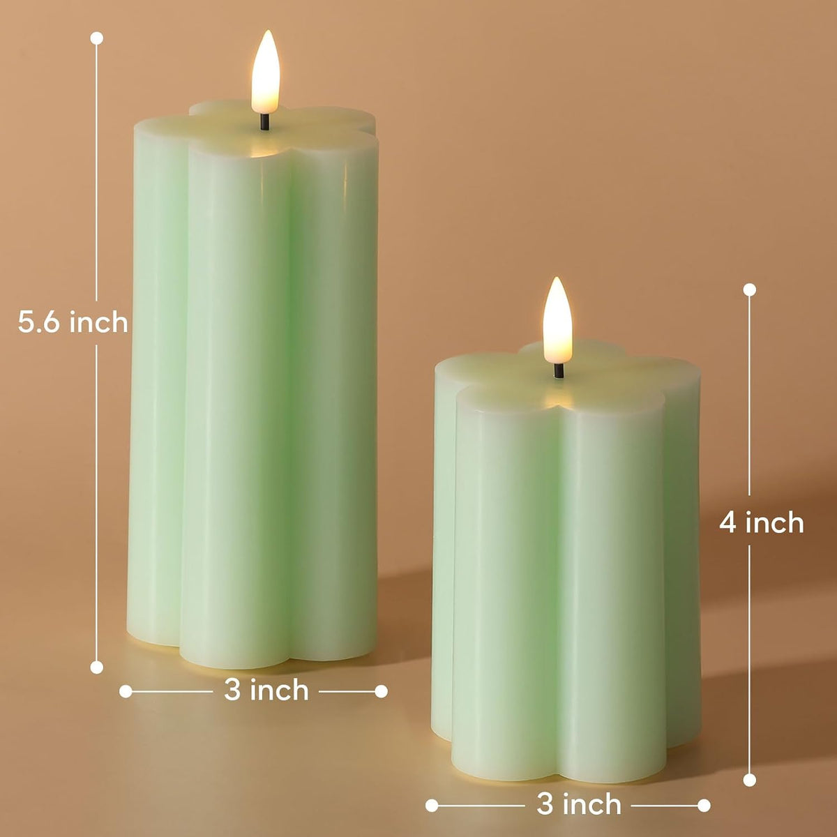 Green Flameless Pillar Candles with Remote, Flickering LED Wax Candles Battery Operated, Aesthetic Home Decor Set of 2