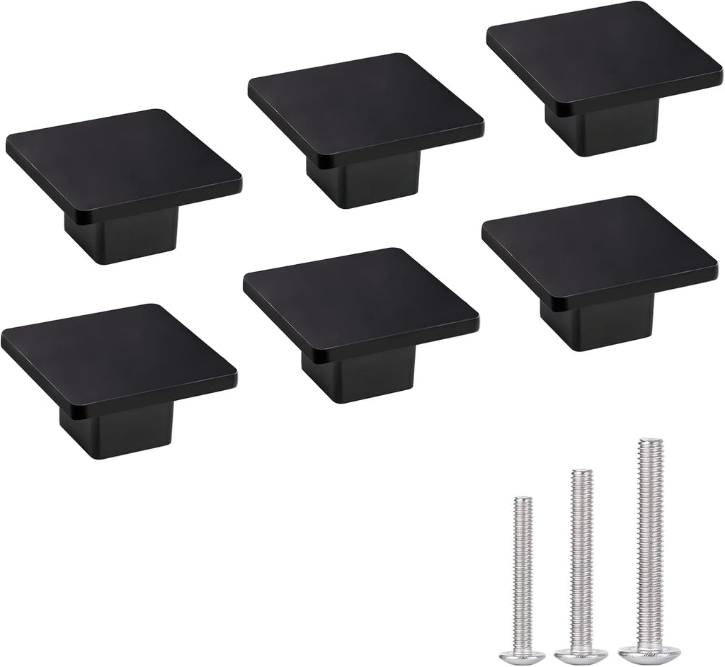 1.57-inch Square Black Matte Cabinet Knobs - 6 Pack