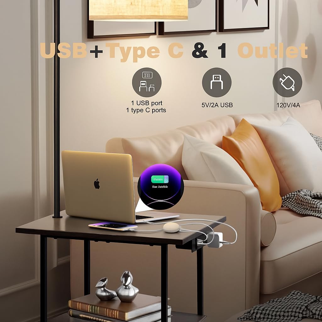 PESRAE Floor Lamp with Table & Remote, End Table with Charging Station