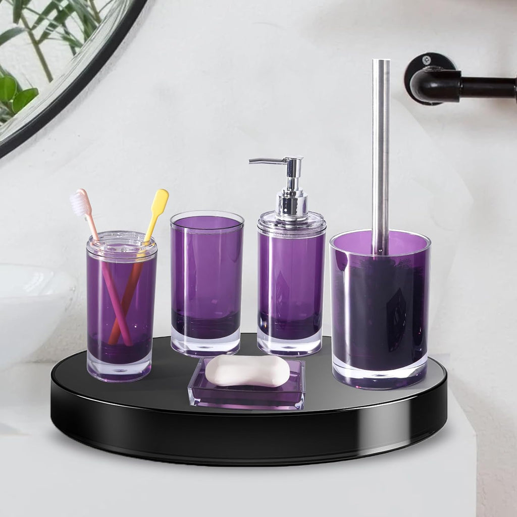 Bathroom Accessories Set,Soap Dispenser,Soap Dish,Toothbrush Holder, Tumbler,Toilet Brush and Holder, Acrylic Bathroom Accessories Set Complete, Modern Bathroom Décor, Gift for Home (Dark Purple)