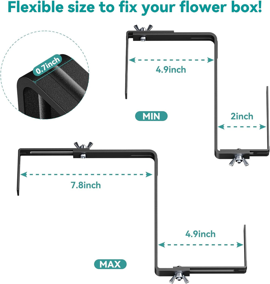 Adjustable Planter Box Brackets,Enhanced Bottom Support,Universal Outdoor Hanging Brackets,Flower Box Brackets for Fence Railings, Windowsill, Patio, Garden,Balcony. (Black)