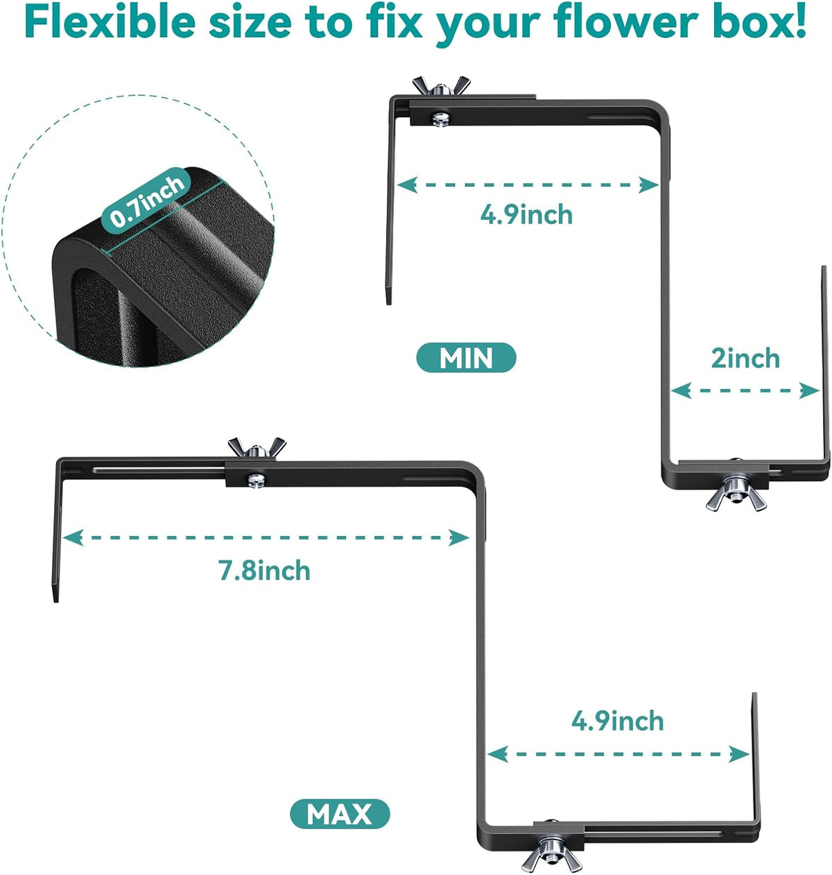 Adjustable Planter Box Brackets,Enhanced Bottom Support,Universal Outdoor Hanging Brackets,Flower Box Brackets for Fence Railings, Windowsill, Patio, Garden,Balcony. (Black)