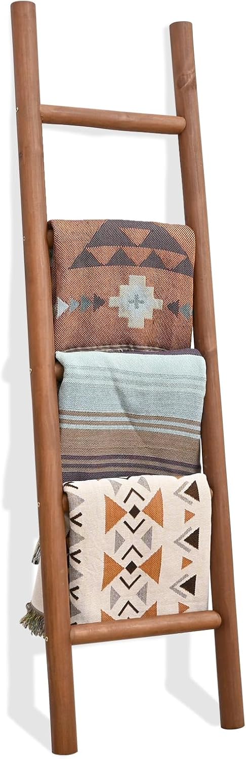 FUIN Blanket Ladder, 57in Rustic Solid Wood Decorative Ladder, Dark Brown