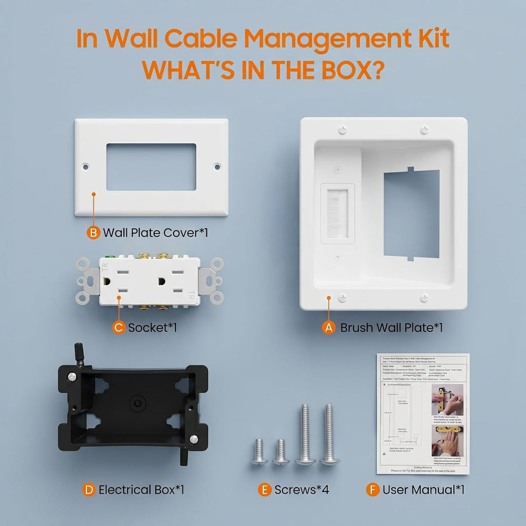 in-Wall TV Cable Management Kit with Recessed Outlet Box & Brush Wall Plate