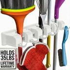 Broom Holder Wall Mount, Mop and Broom Organizer – Wall Mounted Broom Rack & Mop Rack, Rack for Brooms and Mops | Broom Hanger Wall Mount with 5 Slots & 6 Hooks, Kitchen Garage Laundry Garden (White)