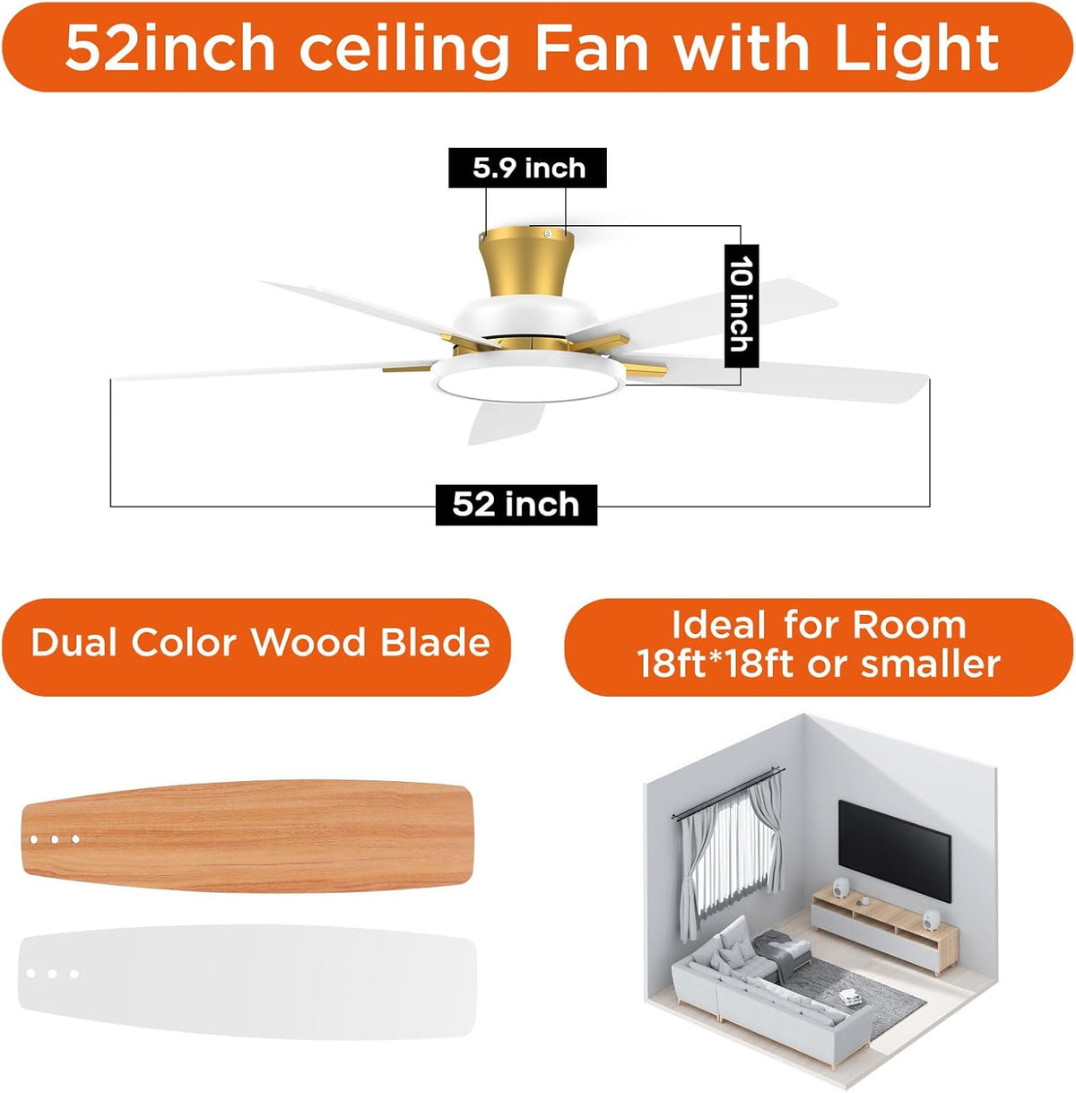 TALOYA 52 inch Ceiling Fans with Lights and Remote, Low Profile, White Gold