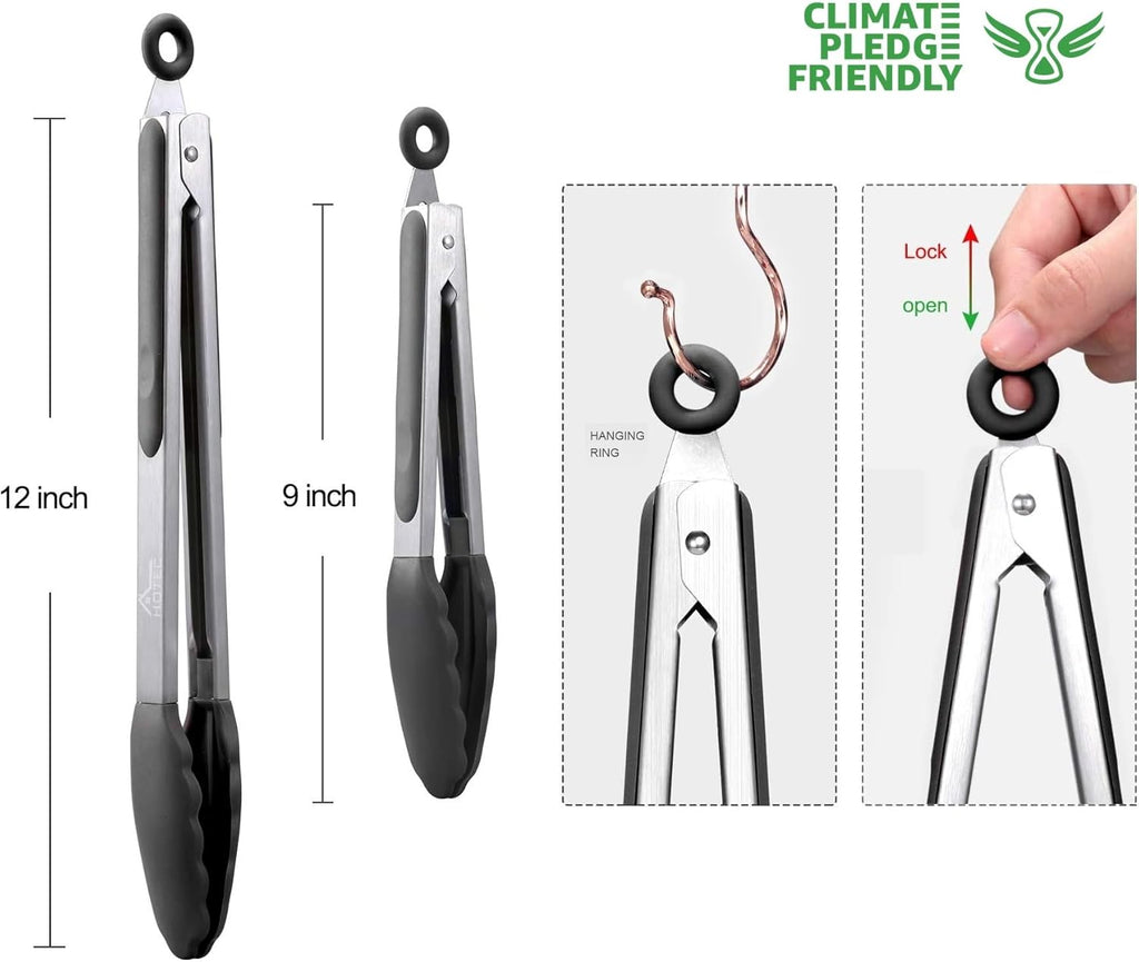HOTEC Stainless Steel Kitchen Tongs with Silicone Tips, Set of 2-9" and 12"