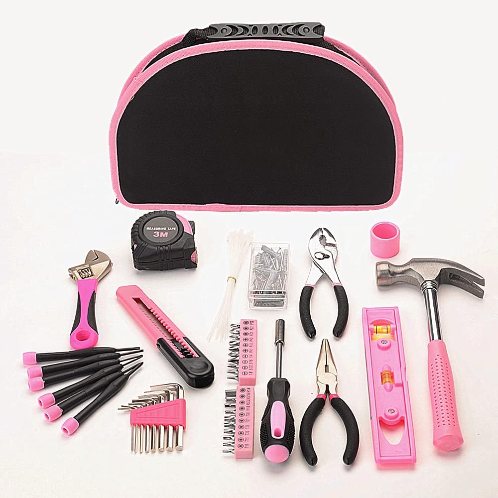 69-Piece Pink Hand Tool Set -Lady's Essential Home Repairing Tool Kit General Household Tool Set with 12-Inch Storage Tool Bag