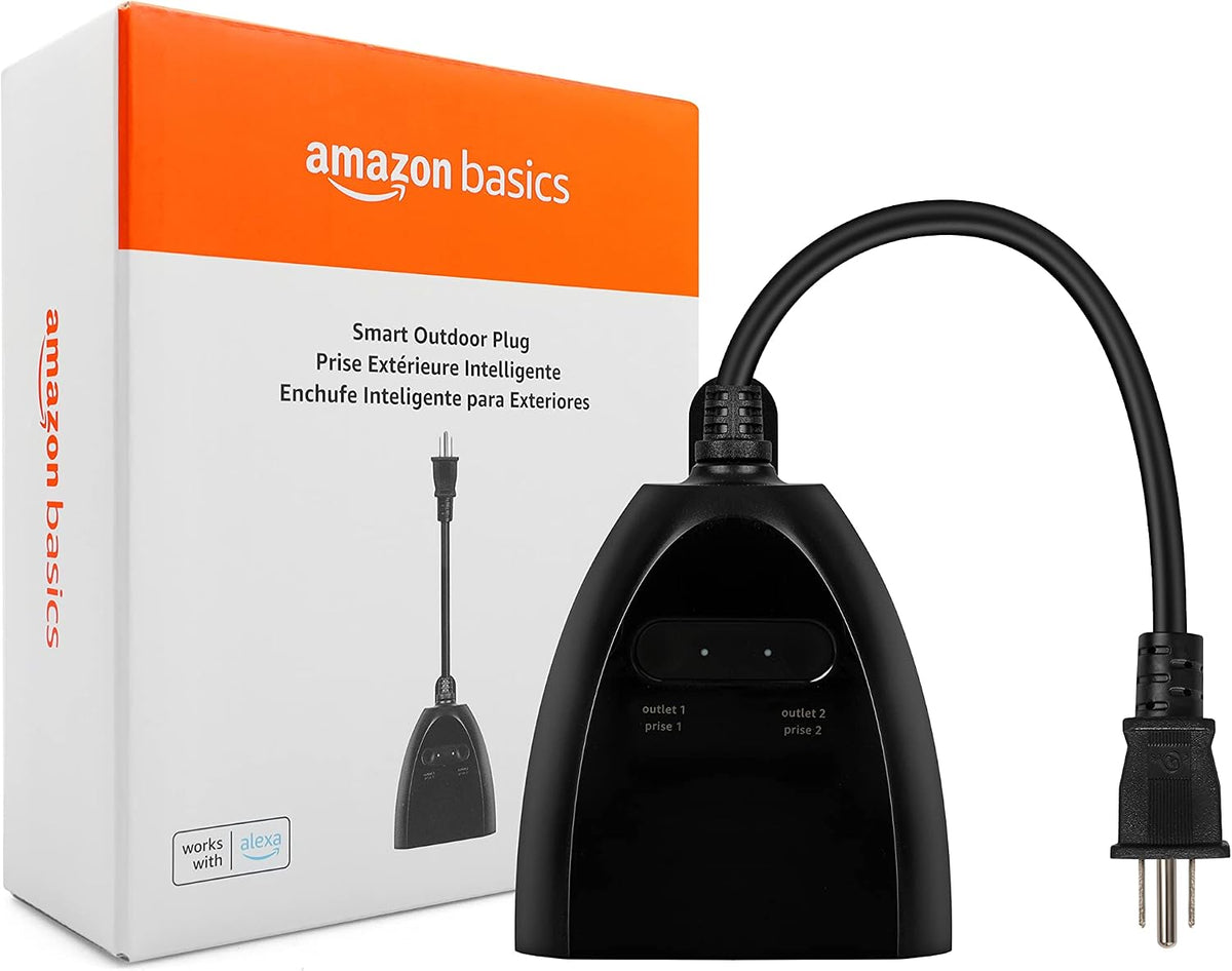 Amazon Basics Outdoor Smart Plug with 2 Individually Controlled Outlets, Works with Alexa Only, Voice Control, Weather Resistant, 2.4 GHz Wi-Fi, No Hub Required, Black