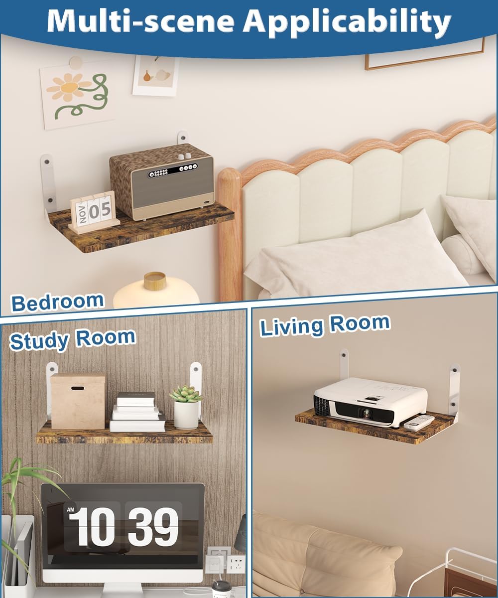 Wall-Mounted Projector Shelf, Wooden Media Holder Holds Up to 24 lbs, Floating Entertainment Shelves Furniture for Cable Box, WiFi Router, TV Box, Game Console, DVD Player, White