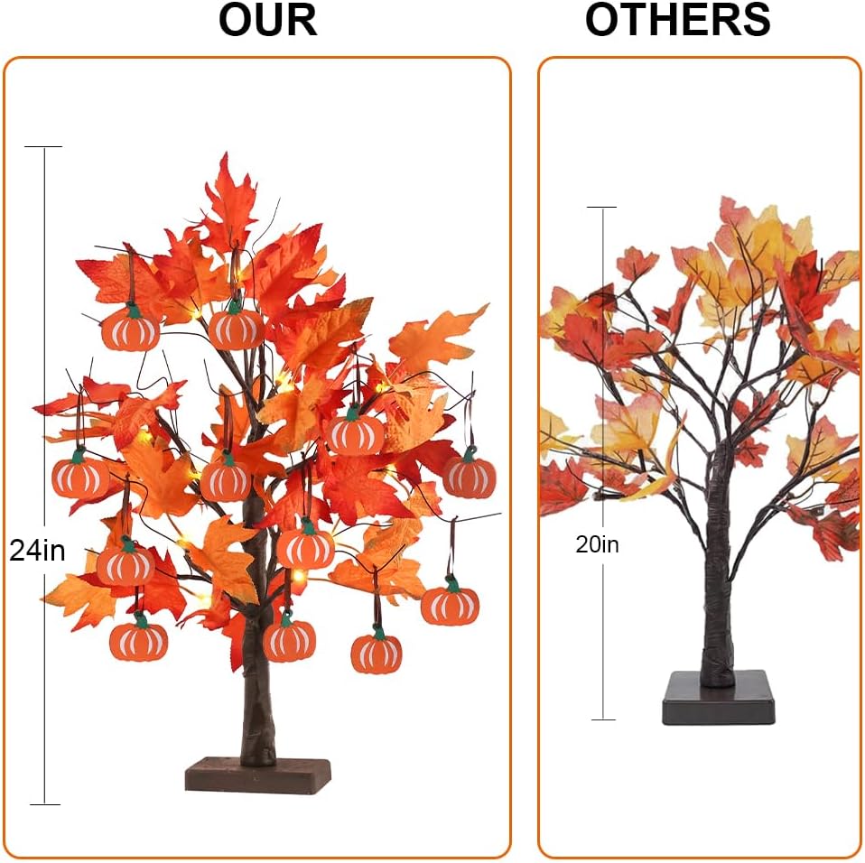 hogardeck Fall Decorations for Home, Thanksgiving Decorations, 24”2FT Lighted Maple Leaves Tree with 24 LEDs & 12 Wood Pumpkin Ornaments, Battery Powered Timer Artificial Trees for Autumn Table Decor