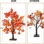 hogardeck Fall Decorations for Home, Thanksgiving Decorations, 24”2FT Lighted Maple Leaves Tree with 24 LEDs & 12 Wood Pumpkin Ornaments, Battery Powered Timer Artificial Trees for Autumn Table Decor