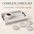 Whitewashed Wooden Serving Tray with Black Metal Handles and 4 Coasters, 16.1 x 11.8 Inch Rustic Farmhouse Ottoman Tray for Coffee Table, Living Room, Breakfast and Home Decor