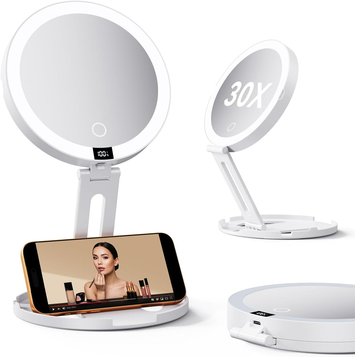 Travel Makeup Mirror with Lights - 1X/30X Magnifying Double Sided Mirror