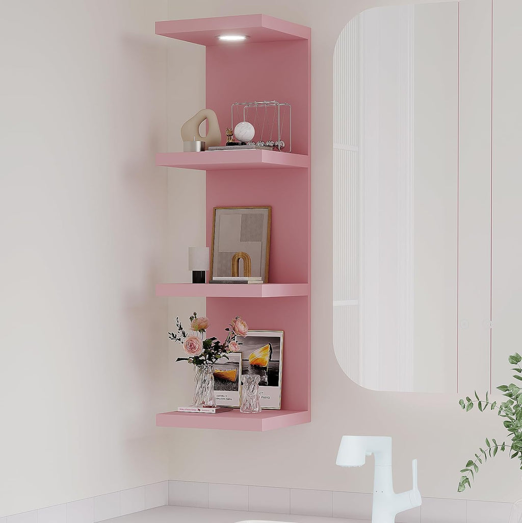 LitaEther Versatile 4 Tier Wall Shelf Unit,Pink Lack Wall Shelf,Display Floating Shelf with LED Remote Control Light