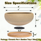 MUZHI 8 inch Round Unglazed Ceramic Bonsai Pot with Bamboo Tray, Shallow Plain Pottery Succulent Planter with Drainage Hole (8”)