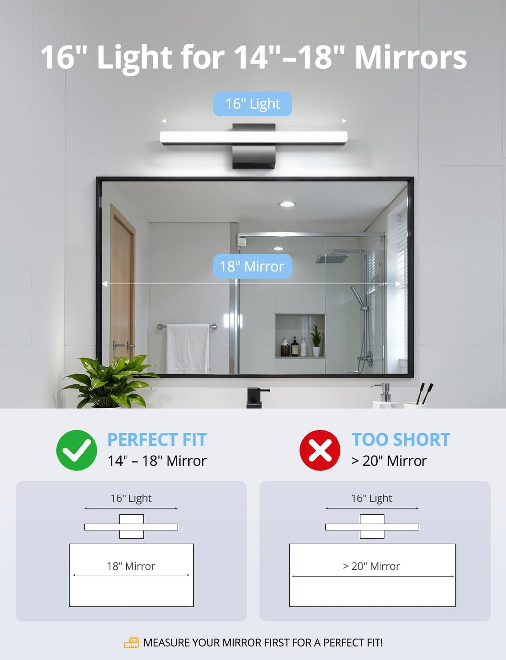 Combuh Black Bathroom Light Fixtures Over Mirror Lighting Gentle, 9W 16 Inch Modern LED Small Vanity Lamp Bar IP44 Slim Linear Bath Wall Sconces for Restroom Indoor Cool White 6000K