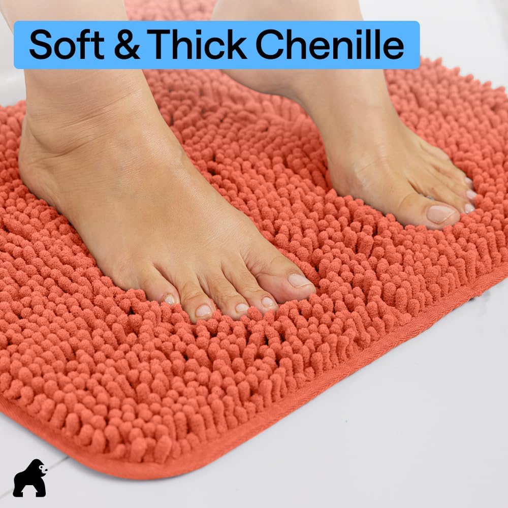 GORILLA GRIP Bath Rug Mat for Bathroom, Absorbent Chenille, 24x17 Coral