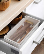 Large Flatware Tray Kitchen Drawer Organizer With Lid And Drainer - Plastic Kitchen Cutlery Tray and Utensil Storage Container with Cover - Dinnerware Holder White
