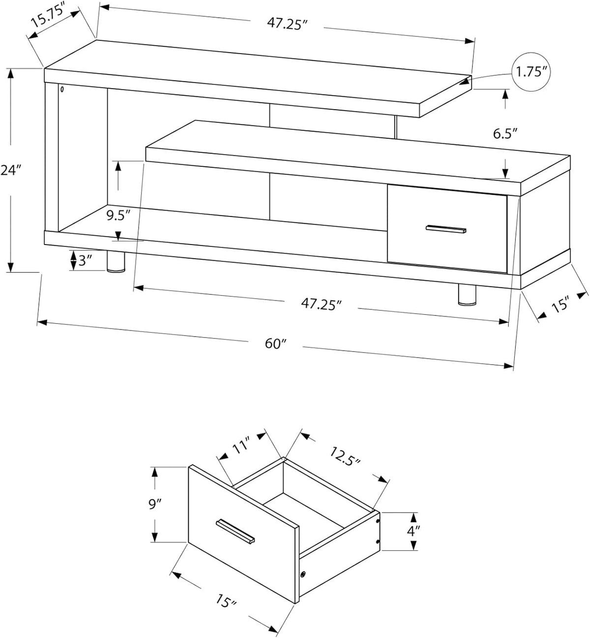 Monarch Specialties TV Stand with 1 Drawer, 60"W, White