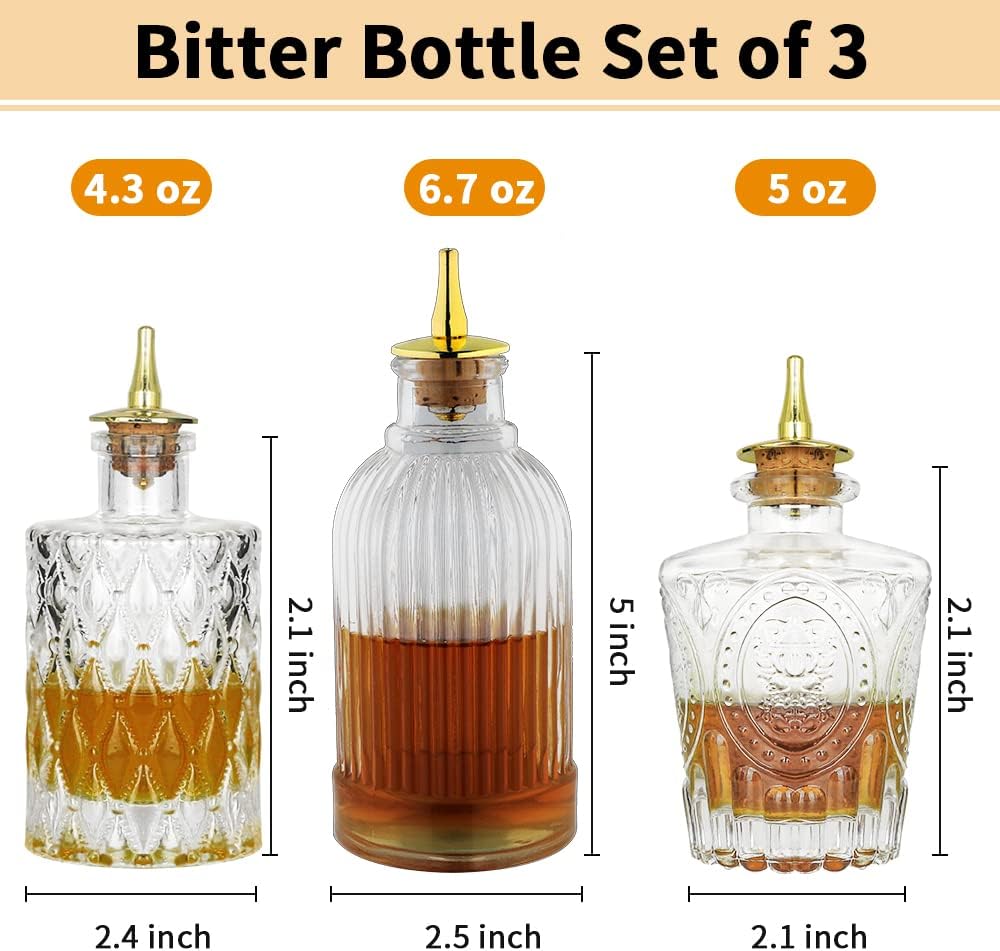 LINALL Bitters Bottle Set - Syrup Bottles with Stainless Steel Pourers, Glass Vintage Bottle,