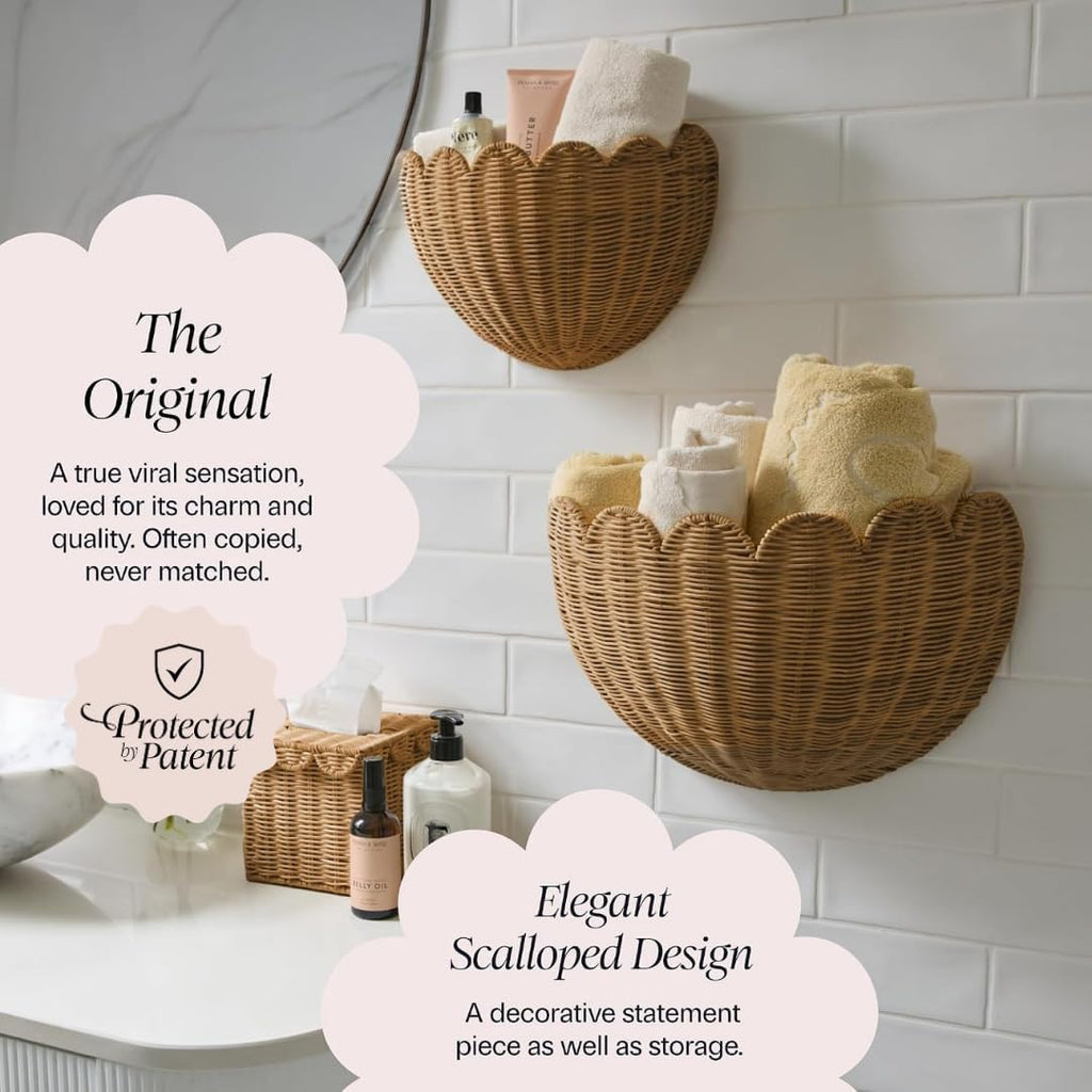 BEBE BASK The Original Scalloped Wicker Wall Basket – Set of 2 (16x10x7 In)