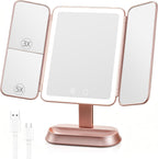 FRANO Lighted Makeup Mirror with 1X/3X/5X Magnification, Elegant Rose Gold Trifold Vanity Mirror, Smart Touch & Sensor, 3 Lighting Modes, Rechargeable Portable Mirror for Gift - Rose Gold