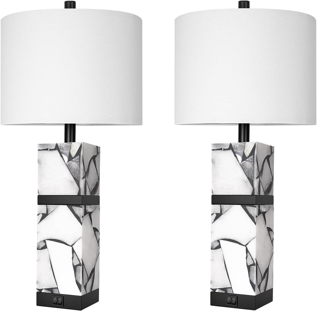 Scenekoy 27" Alabaster Table Lamp Set of 2 with Night Light for Living Room