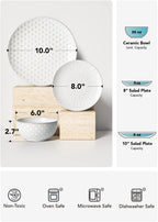 LE TAUCI Ceramic Dishes Set for 4, 12 Piece Plates and Bowls Sets, Embossed Kitchen Dinnerware Sets, Chip Resistant, Microwave & Dishwasher Safe, Arctic White (8"&10" Plate, 26oz Bowl)