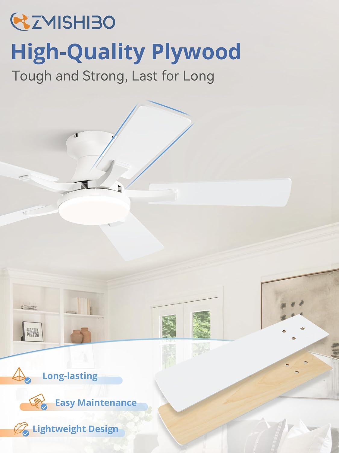 ZMISHIBO 42 Inch Ceiling Fans with Lights, Remote&App Control, Flush Mount