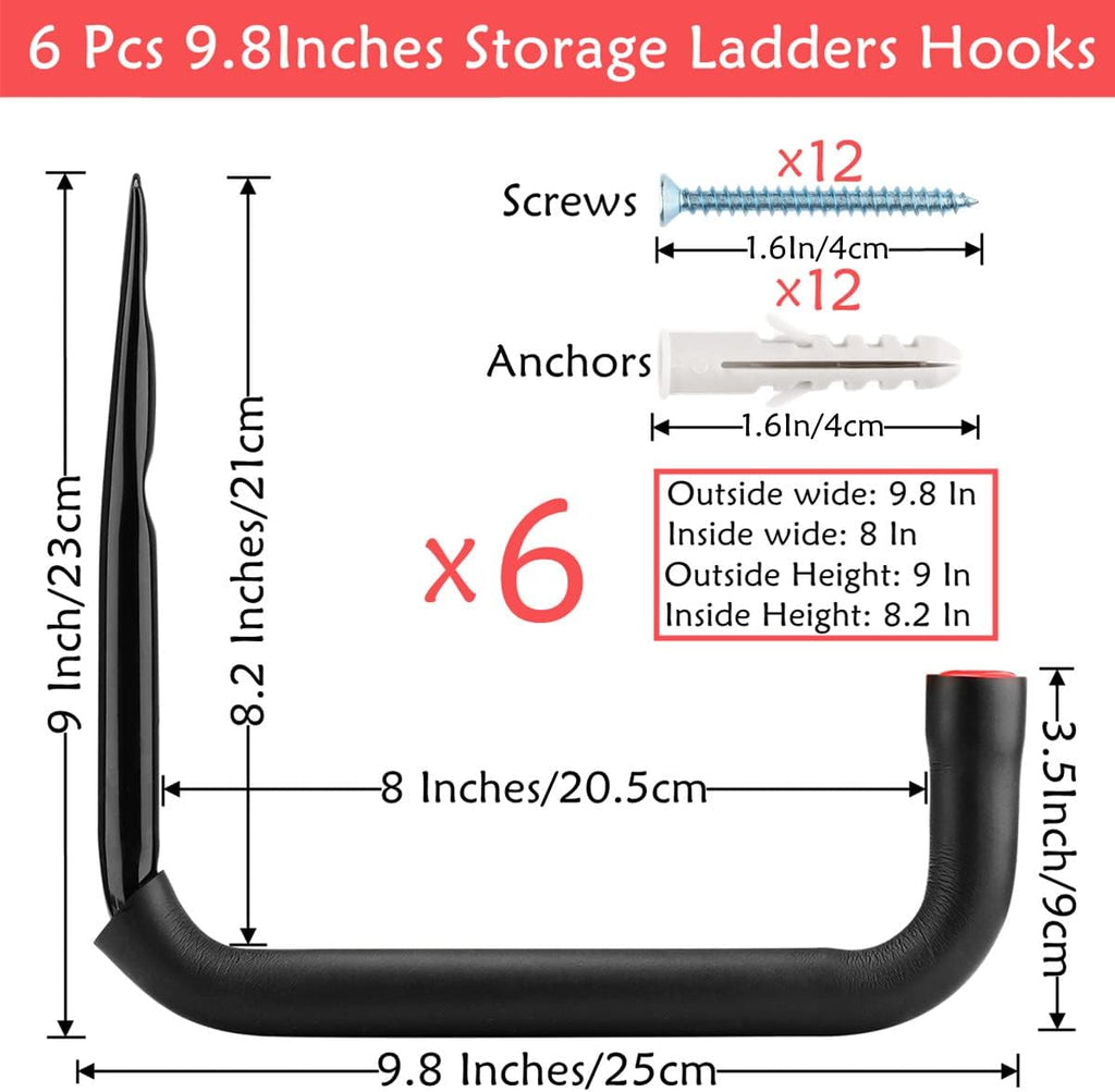 Garage Storage Ladders Hooks, 6 Pack Heavy Duty Utility Hanger, 9.8IN Wall Mount Rack Safely Holds 50 Pounds