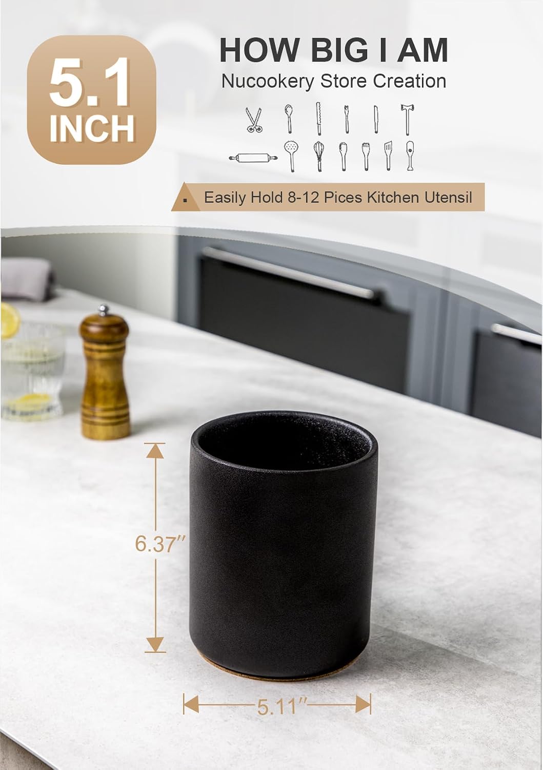Nucookery Ceramic Kitchen Utensil Holder for Countertop, 6.4" Stone Black