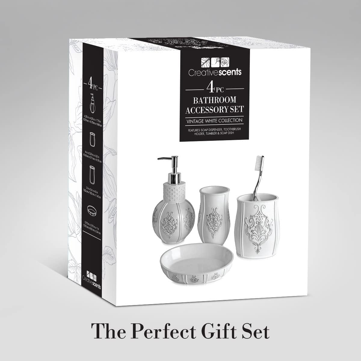 Creative Scents Vintage White 4 Piece Resin Bathroom Accessories Set