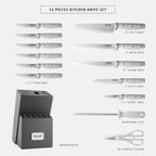 hecef 14 PCS Kitchen Knife Set with Pine Wood Block (Grey)
