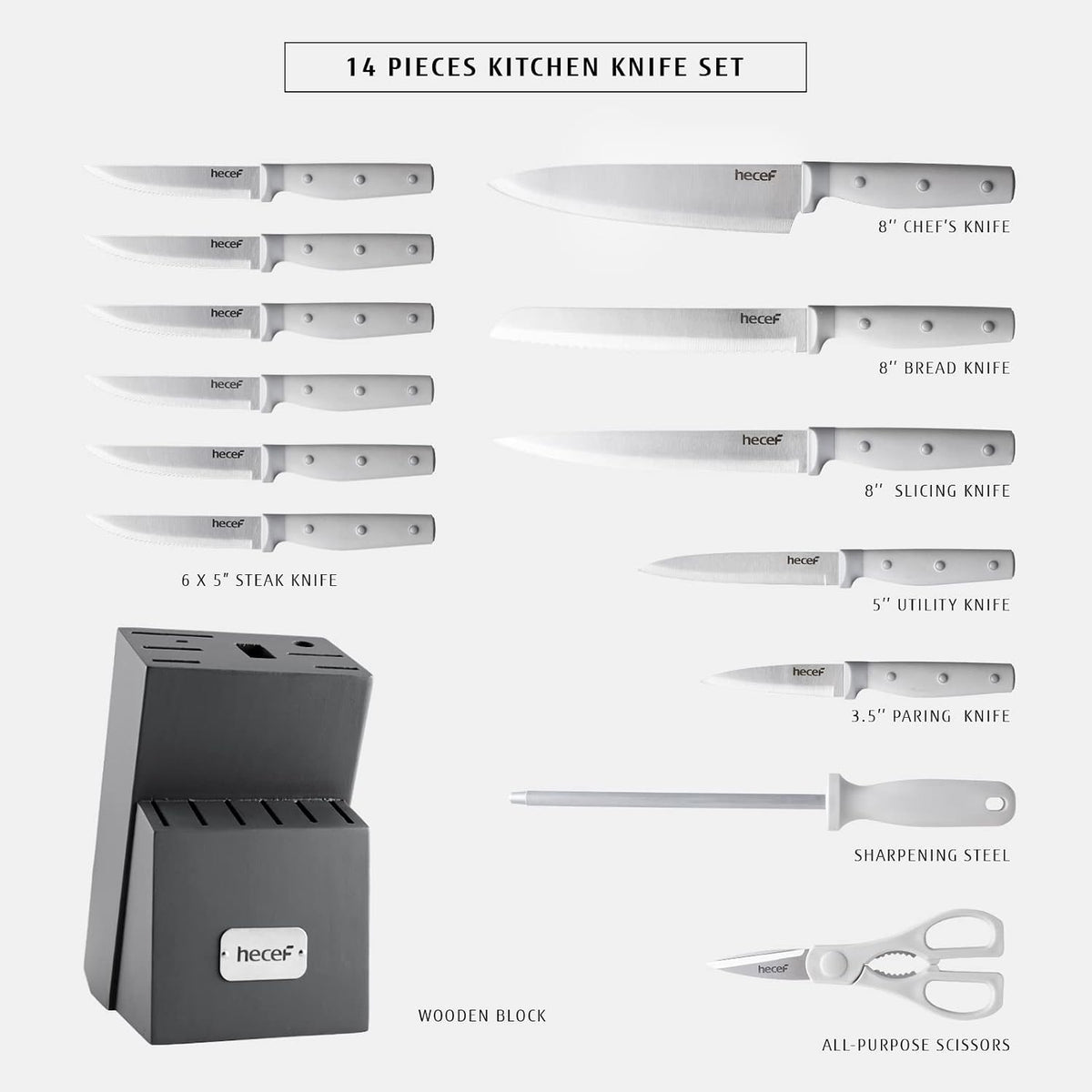 hecef 14 PCS Kitchen Knife Set with Pine Wood Block (Grey)
