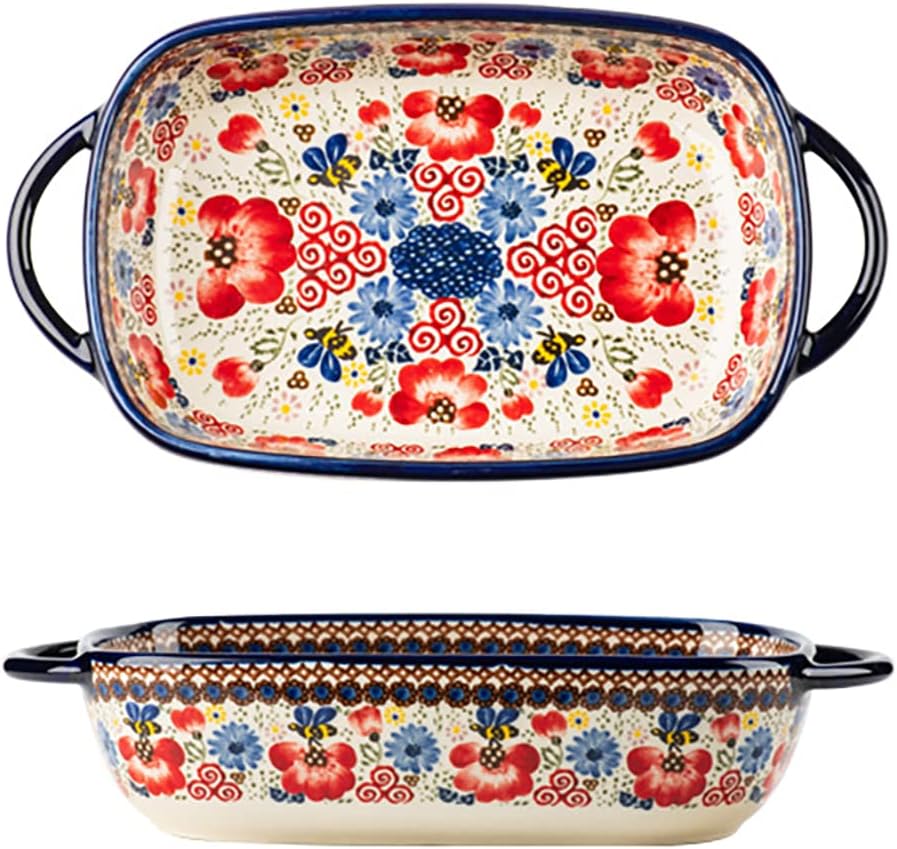 Vintage Flowers Style Ceramic Bakeware Casserole Dish Baking Pan Lasagna Pans Baking Dish with Handles for Oven/Cooking/Kitchen-1 PCS-Red Flowers-60 OZ