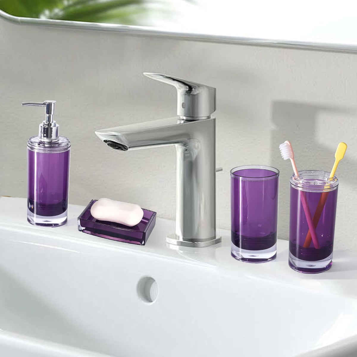 Bathroom Accessories Set,Soap Dispenser,Soap Dish,Toothbrush Holder, Tumbler,Toilet Brush and Holder, Acrylic Bathroom Accessories Set Complete, Modern Bathroom Décor, Gift for Home (Dark Purple)