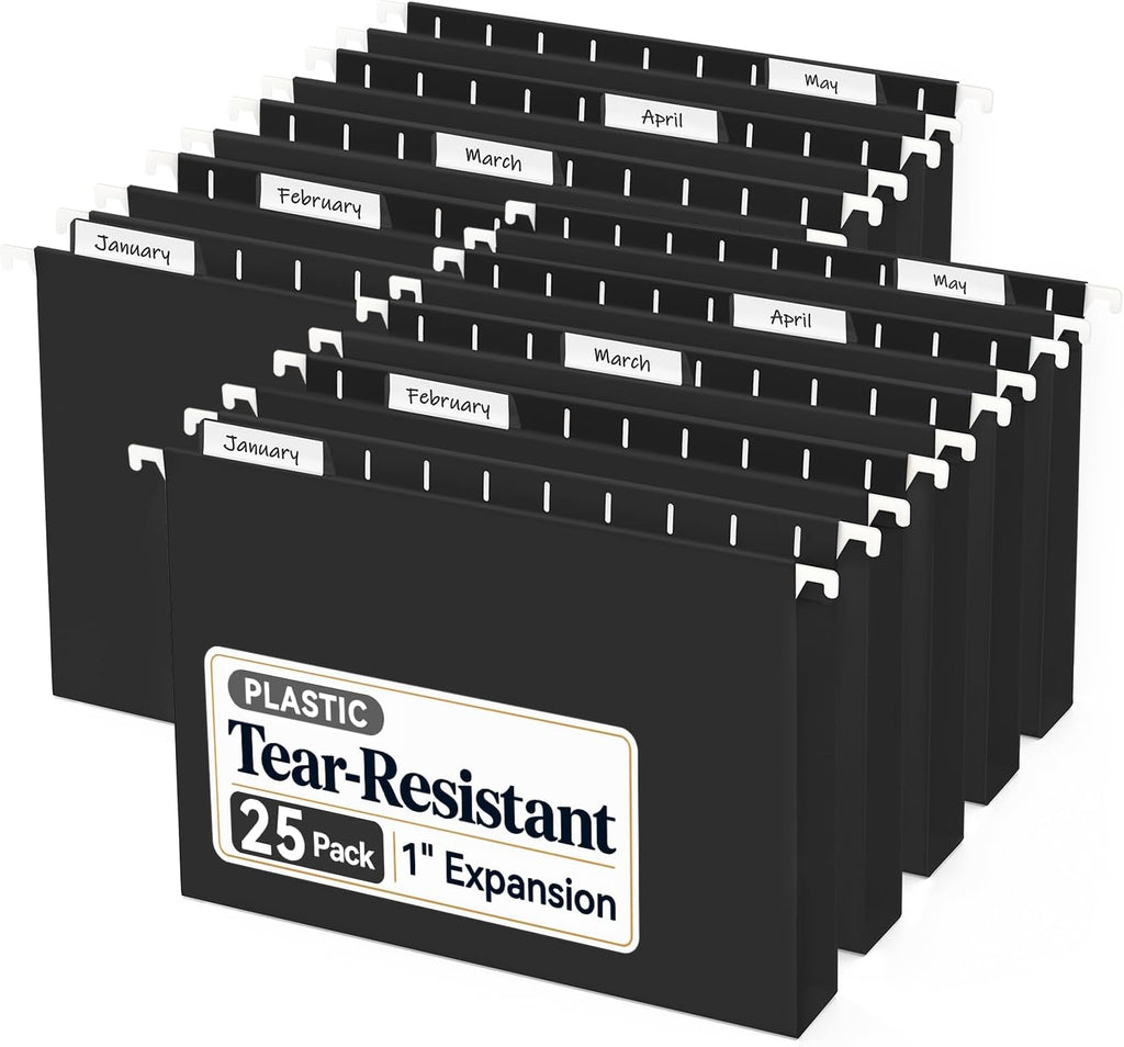 Sooez Tear-Resistant Plastic Hanging File Folders, 25 Count, Letter Size