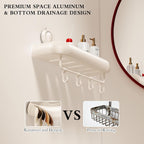 Shower Caddy Suction Cup, 2 Pack No Drilling Corner Shower Shelves, Rust Proof Bathroom Storage Organizer, Shower Corner Caddy with Removable Hooks and Towel Bar, Square, Cream